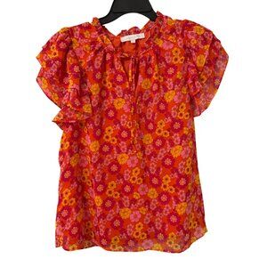 Sugarlips Floral Ruffle Sleeve Blouse With Tie Neckline Sz M Orange & Yellow Top